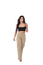 Calça Feminina Cargo Bege Wide Leg Pantalona Jeans Cargo