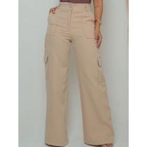 Calça Feminina Cargo Wide Leg Cintura Alta Com Bolsos Nas Laterais, Elegante, Sofisticada, Moderna