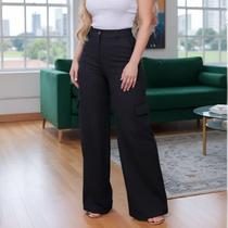 Calça Feminina Cargo Wide Leg Cintura Alta Com Bolsos Nas Laterais, Elegante, Sofisticada, Moderna
