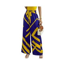 Calça Feminina Cintura Alta e Perna Larga - Estampa Geométrica Casual