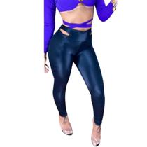 Calça Feminina Cintura Alta Justa Cirrê Brilho Preto Slim Fit Academia Festa Versátil