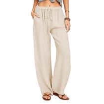 Calça feminina Cobiako de linho, perna larga, estilo palazzo, cáqui, tamanho L Calça feminina Cobiako de linho, perna larga, estilo palazzo, cáqui, tamanho L