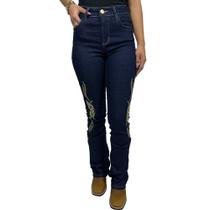 Calca Feminina Country Com Bordado Flowers Lateral Rodeio