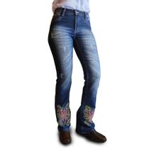 Calça Feminina Country Jeans Flare West Azul Bordada Premium