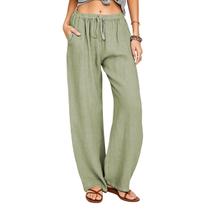 Calça feminina de verão Cobiako de algodão e linho, pantalona, perna larga