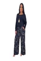 Calça Feminina Estampada Com Bolsos Labirinto Marinho Calça Feminina Estampada Com Bolsos Labirinto Marinho