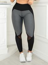 Calça Feminina Fitness com Cós Alto Preto e Recortes em Tela para Academia