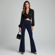 Calça Feminina Flare Bailarina Boca de Sino Malha Crepe Cintura Alta