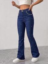 Calça Feminina Flare Jeans escuro com Pérolas ao Redor do Bolso e Salpicadas na Frente Premium Tamanho:40 Calça Feminina Flare Jeans escuro com Pérolas ao Redor do Bolso e Salpicadas na Frente Premium Tamanho:40