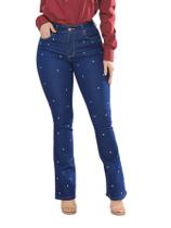 Calça Feminina Flare Jeans Escuro com pontos de Strass