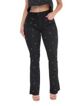 Calça Feminina Flare Jeans Preto com pontos de Strass