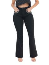 Calça Feminina Flare Jeans Preto com Strass ao Redor do Bolso