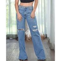 Calça feminina flare rasgada cor jeans claro tam 38 ao 46