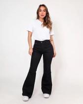 Calça Feminina Flare Sarja Preta Para Mulheres Baixas Consciência Jeans