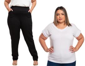 Calça Feminina Gorgurão Para Senhoras Plus Size + Camiseta Básica Lisa Basica Gola V