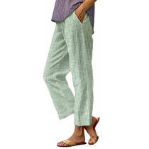 Calça feminina Gumipy listrada de linho com cintura elástica e comprimento cropped
