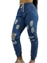 Calça Feminina Jeans Jogger C/ Elástico Rasgada Blogueira C35