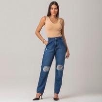 Calça Feminina Jeans Mom Zíper Disparate Rasgada Moderna