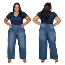 Calça Feminina Jeans Plus Size Wide Leg Reta Confortável