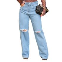 Calça Feminina Jeans Premium Wide Leg Com Rasgos Destroyed