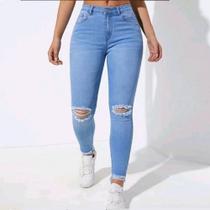 Calça Feminina Jeans Rasgada Joelho Cintura Alta Hot Pants Skinny com Lycra Levanta Bumbum 36 ao 44