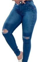 Calça Feminina Jeans Rasgada Joelho Cintura Alta Hot Pants Skinny com Lycra Levanta Bumbum 36 ao 44