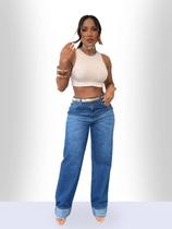Calça Feminina Jeans Reta Barra Dobrada Fit