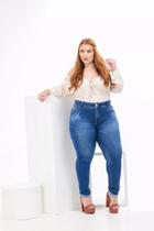 Calça Feminina Jeans Skinny Plus Size Cintura Alta Com Zíper No Bolso Relógio