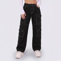 Calça Feminina Jeans Wide Leg Cargo Preta Cintura Alta Calça Feminina Jeans Wide Leg Cargo Preta Cintura Alta