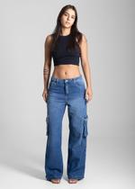 Calça Feminina Jeans Wide Leg Cargo Sawary Premium Original Cintura Alta Moda 280213 Calça Feminina Jeans Wide Leg Cargo Sawary Premium Original Cintura Alta Moda 280213