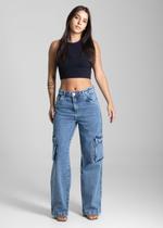 Calça Feminina Jeans Wide Leg Cargo Sawary Premium Original Cintura Alta Moda 282000 Calça Feminina Jeans Wide Leg Cargo Sawary Premium Original Cintura Alta Moda 282000