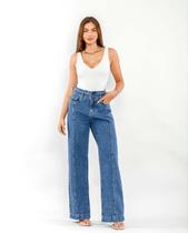 Calça Feminina Jeans Wide Leg Clochard com Cós Pespontado e Barra Larga 22505 Média