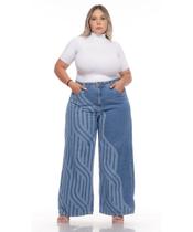 Calça Feminina Jeans Wide Leg Plus Estampa Laser Razon Jeans
