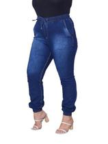 Calça Feminina Jogger Jeans Simples com Detalhe de Risco