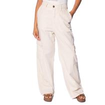 Calça Feminina Max Denim Wide Leg Cargo Linho Off White