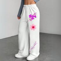 Calça Feminina Moletom Wide Leg Floral Minimalista Inverno Quentinho