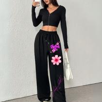 Calça Feminina Moletom Wide Leg Floral Minimalista Inverno Quentinho