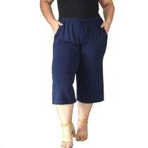 Calça Feminina Pantacourt Lisa Plus Size Wide Com Bolsos Calça Feminina Pantacourt Lisa Plus Size Wide Com Bolsos