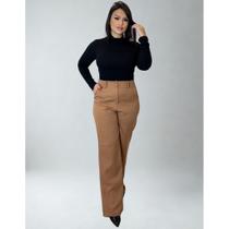 Calça Feminina Pantalona Alfaiataria Wide Leg Trabalho Social Elegante Versátil Cor Marrom Claro