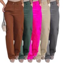 Calça Feminina Pantalona Cargo Sarja com Bolsos Laterais P ao G