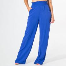 Calça Feminina Pantalona Cintura Alta Lisa De Viscose Bolsos