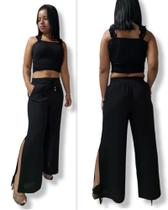 Calça feminina pantalona com fenda cintura com elastico bolso em tecido viscolinho - Layout