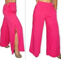 Calça feminina pantalona com fenda cintura com elastico bolso em tecido viscolinho - Layout