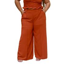 Calça feminina pantalona cos alto duna liso com bolsos elegante calça wide leg reta forrada por dentro e elastico plus size GG ao G4 - 44 ao 58