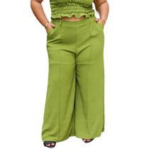 Calça feminina pantalona cos alto duna liso com bolsos elegante calça wide leg reta forrada por dentro e elastico plus size GG ao G4 - 44 ao 58