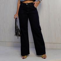 Calça Feminina Pantalona de Sarja Preta Com Costura branca Moda Com Bolsos - 34 Calça Feminina Pantalona de Sarja Preta Com Costura branca Moda Com Bolsos - 34