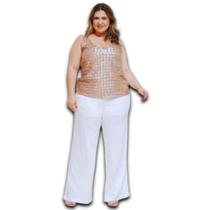 Calça Feminina Pantalona Forrada Slub - Elástico na Cintura c/ Bolso Plus Size