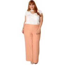 Calça Feminina Pantalona Forrada Tecido Linhão c/ Bolso Zíper Plus Size