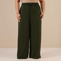 Calça Feminina Pantalona Plus Size Tecido Duna Elástico Na Cintura Alta Wide Leg
