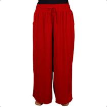 Calça Feminina Pantalona Plus Size Tecido Duna Elástico Na Cintura Alta Wide Leg